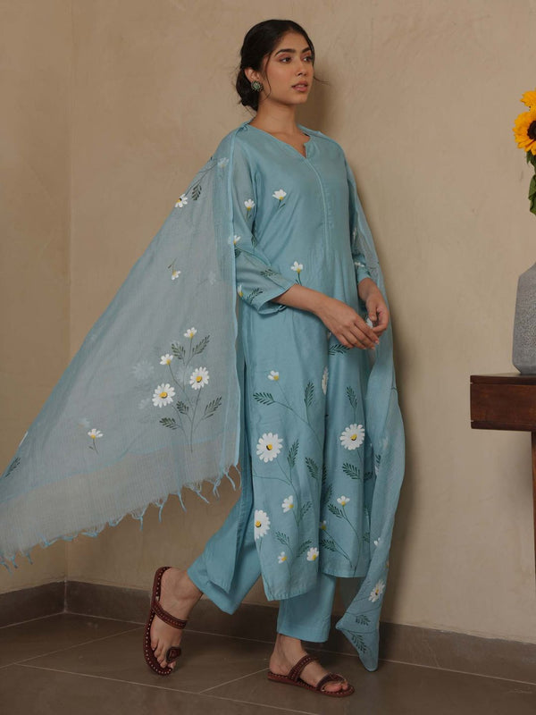 Janica Sky Chanderi Hand Paint Kurta and Pant with Dupatta (Set of 3)