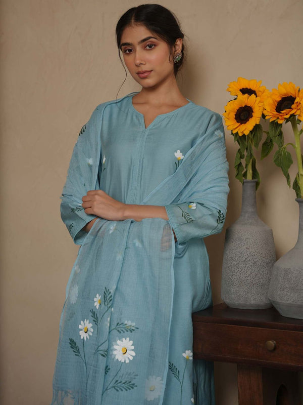 Janica Sky Chanderi Hand Paint Kurta and Pant with Dupatta (Set of 3)