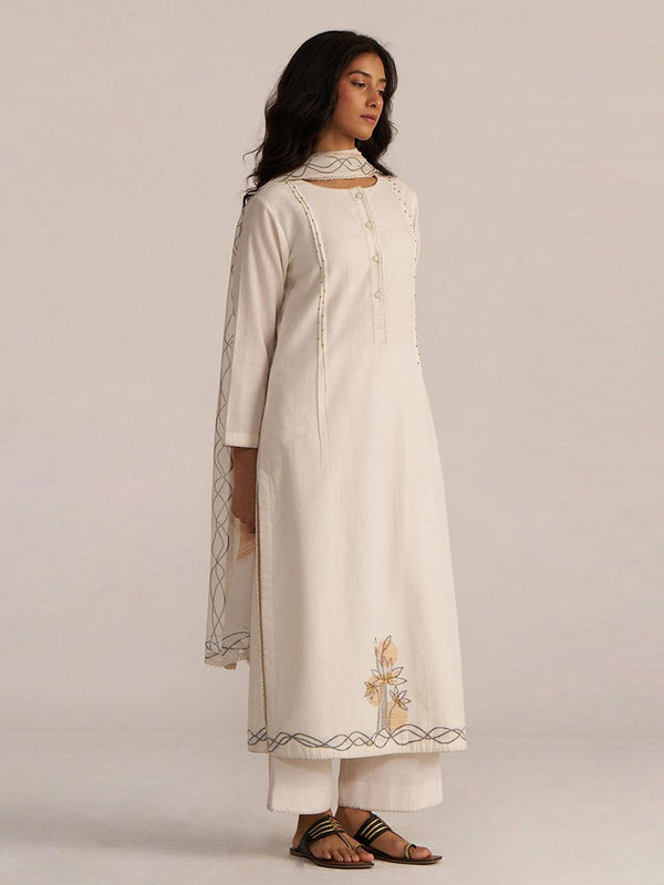 Off-White Cotton Woven Kurta with Palazzo & Dupatta (Set of 3)