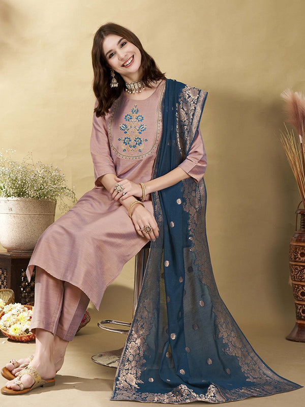 Mauve Floral Yoke Design Thread Work Straight Kurta With Trousers & Dupatta