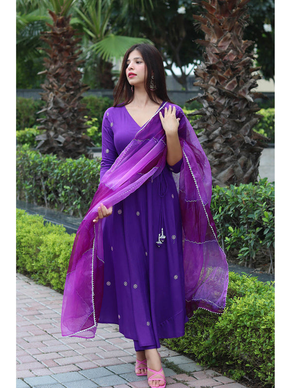 Purple Embroidered Handworked Angarkha Pant with Dupatta (Set of 3)