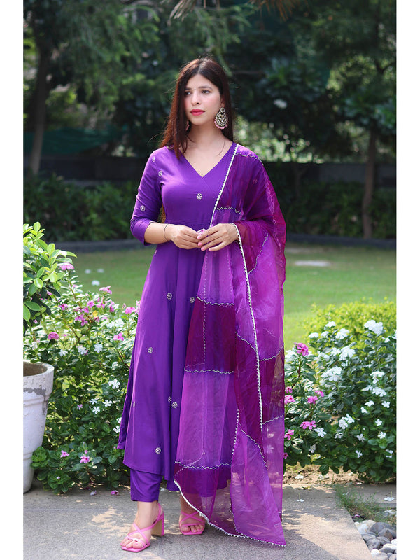 Purple Embroidered Handworked Angarkha Pant with Dupatta (Set of 3)