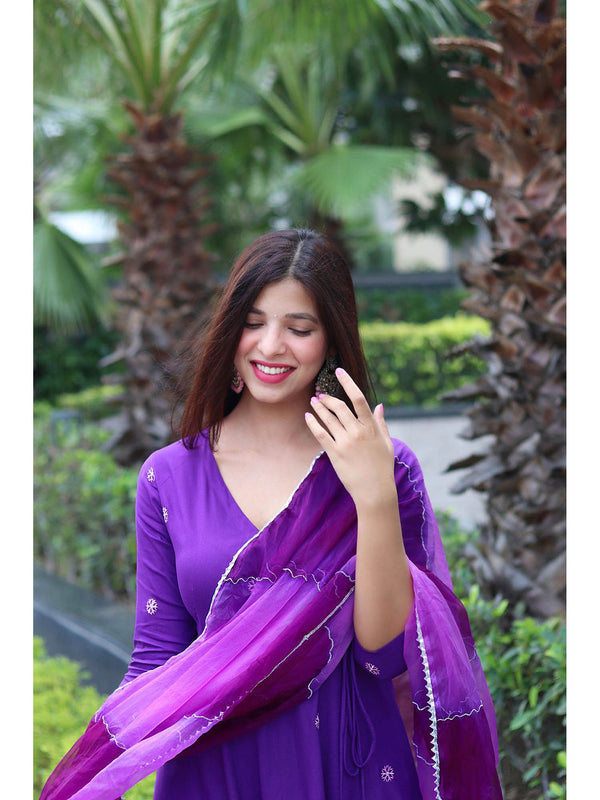 Purple Embroidered Handworked Angarkha Pant with Dupatta (Set of 3)