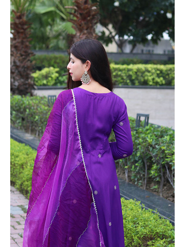 Purple Embroidered Handworked Angarkha Pant with Dupatta (Set of 3)