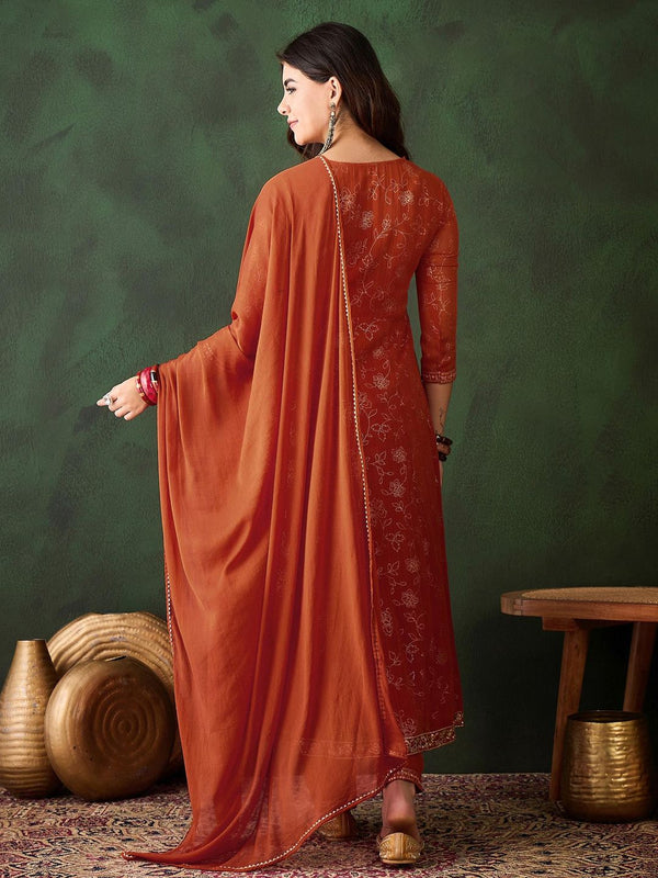 Rust Milky Georgette Zari Sequence Embroidery Kurta with Pant and Dupatta (Set of 3)
