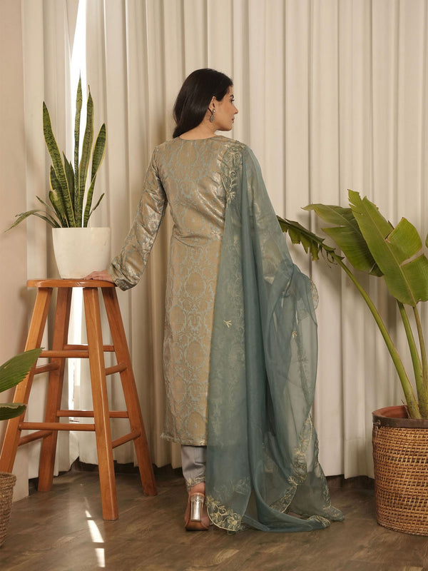 Grey Brocade Floral Kurta with Pant & Dupatta (Set of 3)