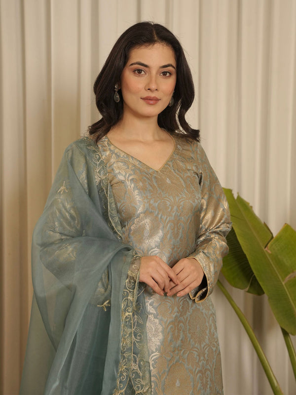 Grey Brocade Floral Kurta with Pant & Dupatta (Set of 3)