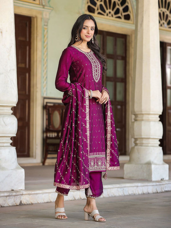 Women Burgundy Silk Blend Ethnic Motifs Embroidered Kurta Pant with Dupatta (Set of 3)