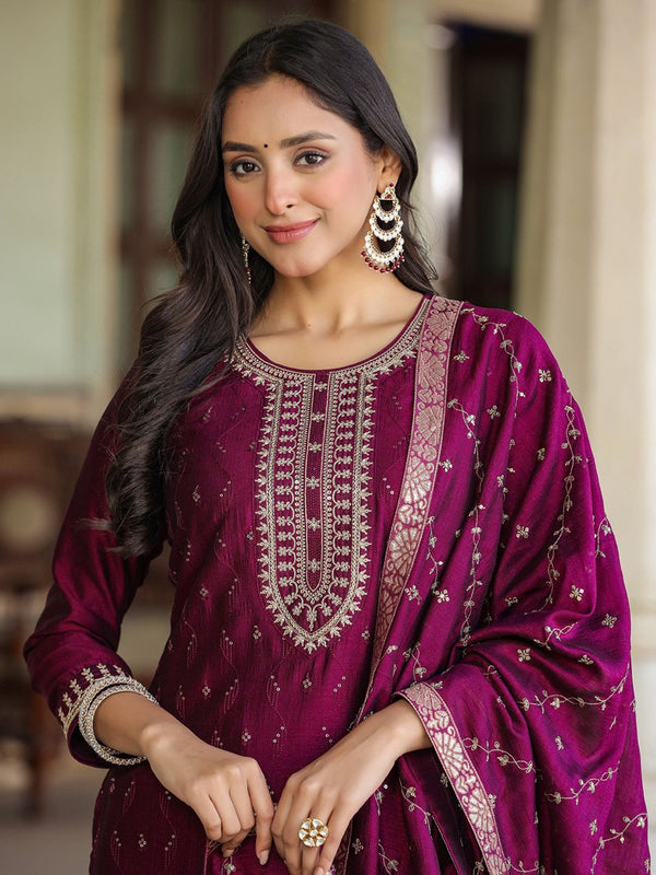 Women Burgundy Silk Blend Ethnic Motifs Embroidered Kurta Pant with Dupatta (Set of 3)
