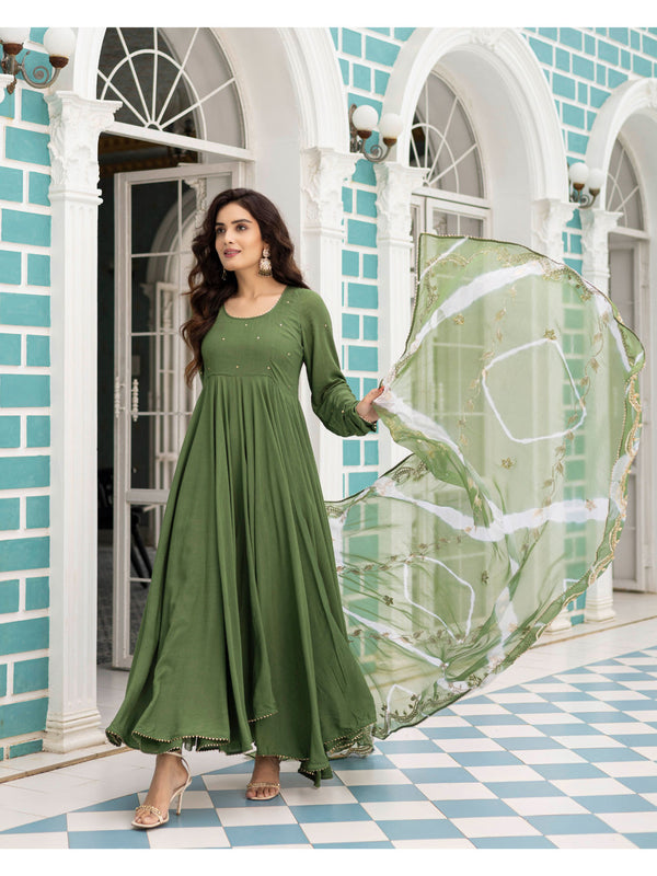 Cadmium Green Anarkali Kurta With Pants And Dupatta (Set of 3)