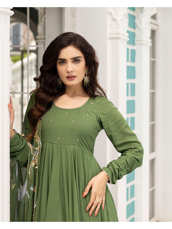 Cadmium Green Anarkali Kurta With Pants And Dupatta (Set of 3)