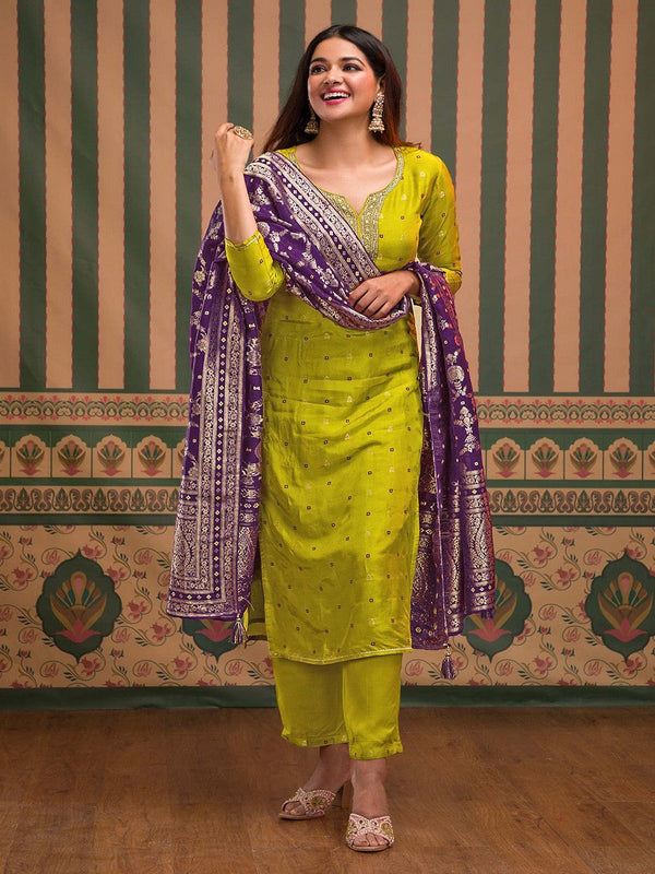 Ethnic Motifs Woven Design Sequinned Pure Silk Kurta With Trousers & Dupatta