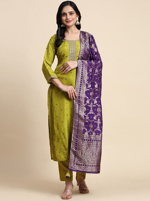 Ethnic Motifs Woven Design Sequinned Pure Silk Kurta With Trousers & Dupatta