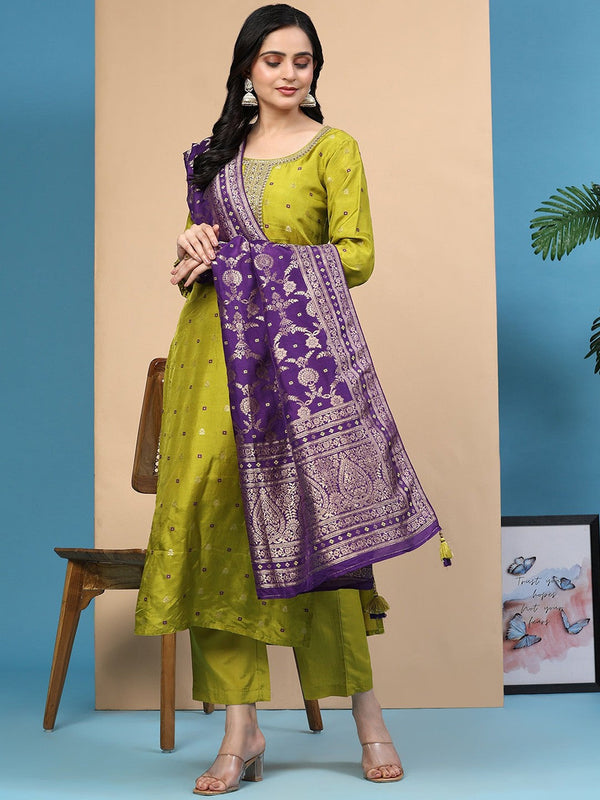 Ethnic Motifs Woven Design Sequinned Pure Silk Kurta With Trousers & Dupatta