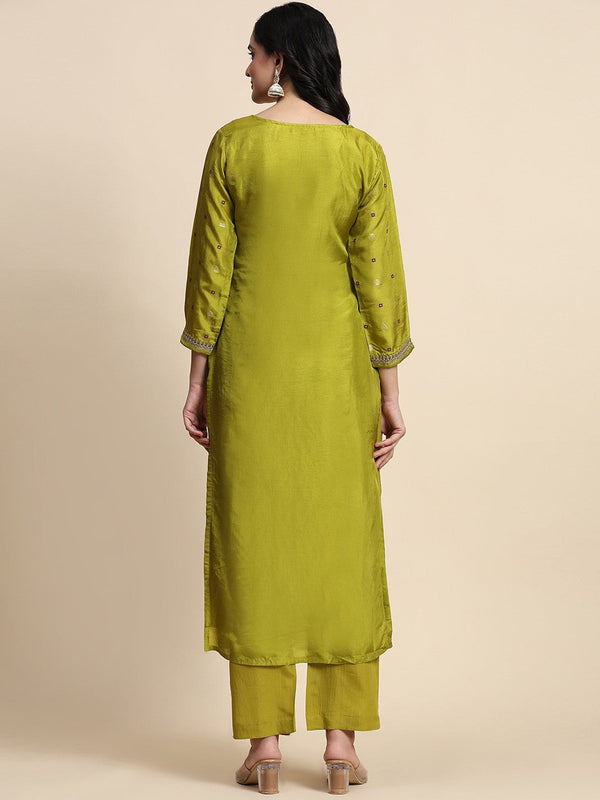 Ethnic Motifs Woven Design Sequinned Pure Silk Kurta With Trousers & Dupatta