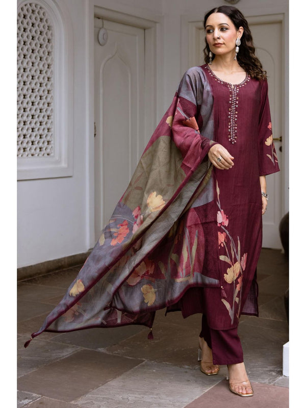 Women Brown Viscose Muslin Kurta with Pant and Dupatta (Set of 3)