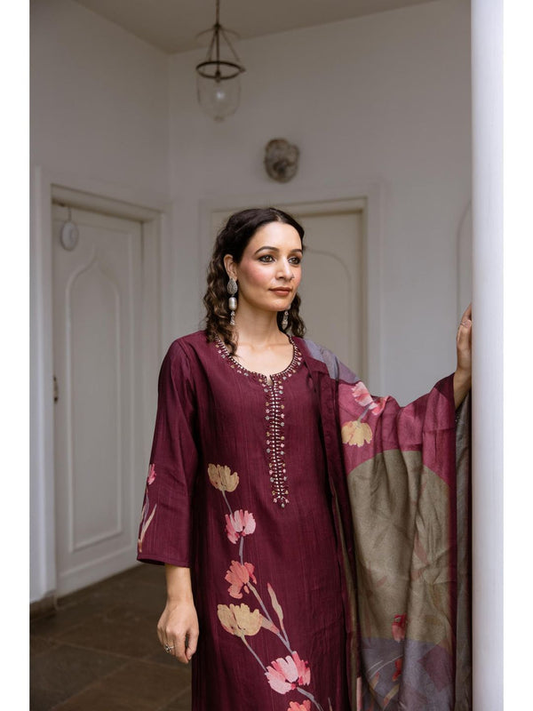 Women Brown Viscose Muslin Kurta with Pant and Dupatta (Set of 3)