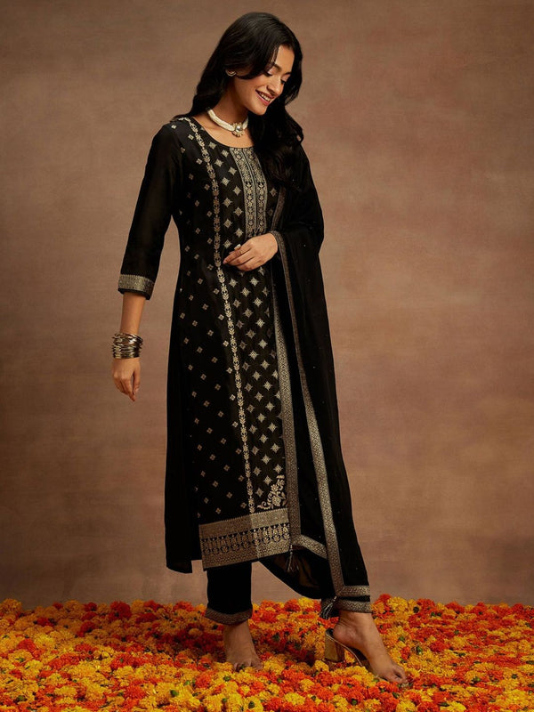 Women Black Silk Blend Woven Kurta with Pant and Dupatta (Set of 3)