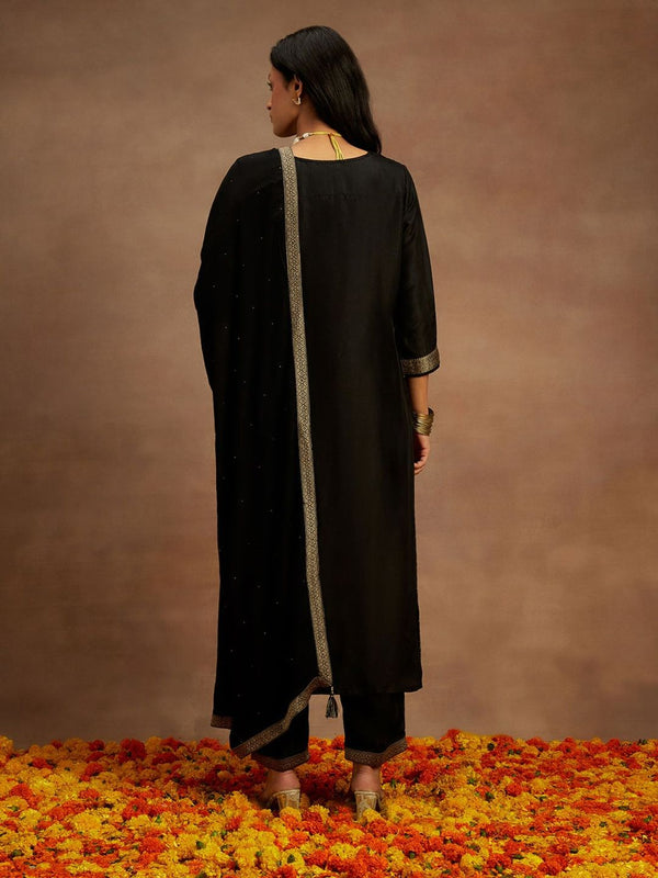 Women Black Silk Blend Woven Kurta with Pant and Dupatta (Set of 3)