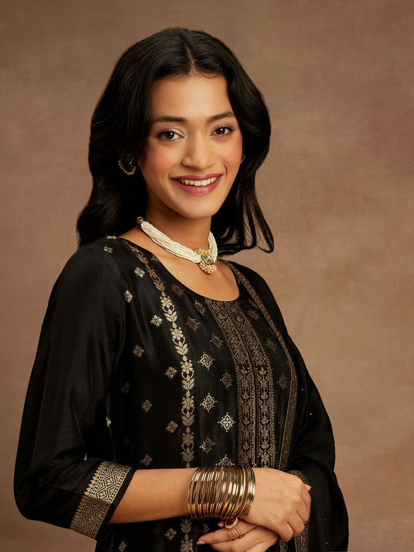 Women Black Silk Blend Woven Kurta with Pant and Dupatta (Set of 3)