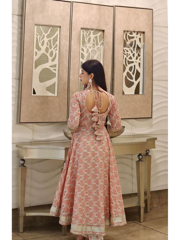 Cream Printed Cotton Gota Patti Anarkali Pant with Dupatta (Set of 3)