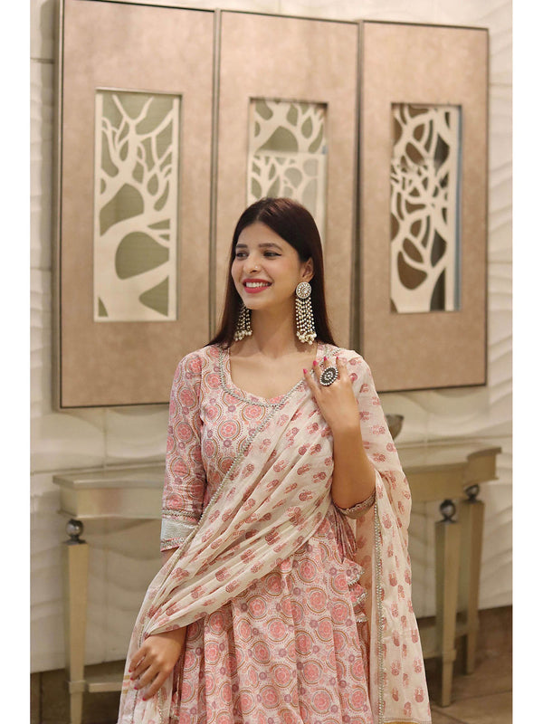 Cream Printed Cotton Gota Patti Anarkali Pant with Dupatta (Set of 3)