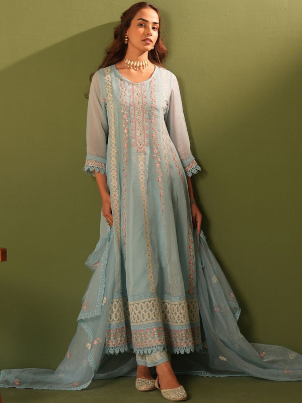 Floral Embroidered Organza A-Line Kurta With Trousers And Dupatta