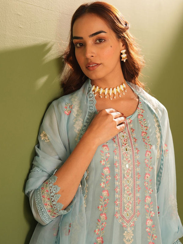 Floral Embroidered Organza A-Line Kurta With Trousers And Dupatta