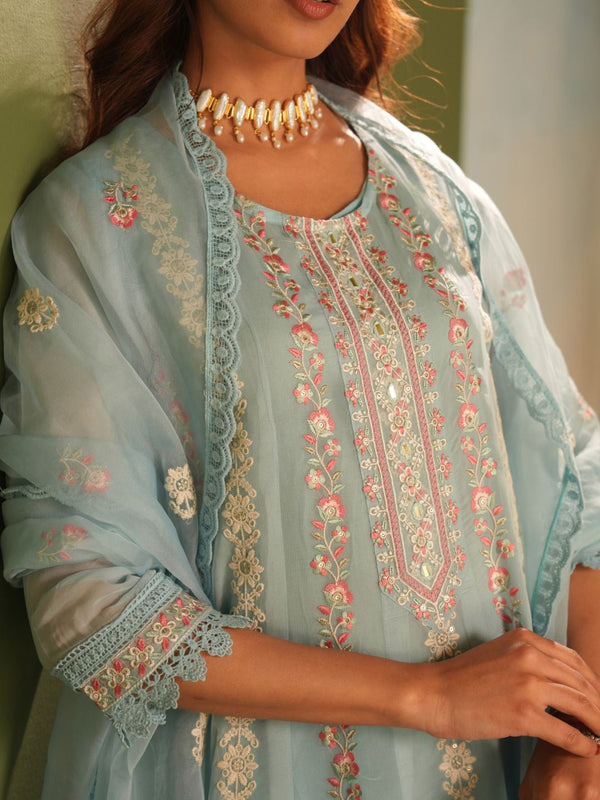 Floral Embroidered Organza A-Line Kurta With Trousers And Dupatta