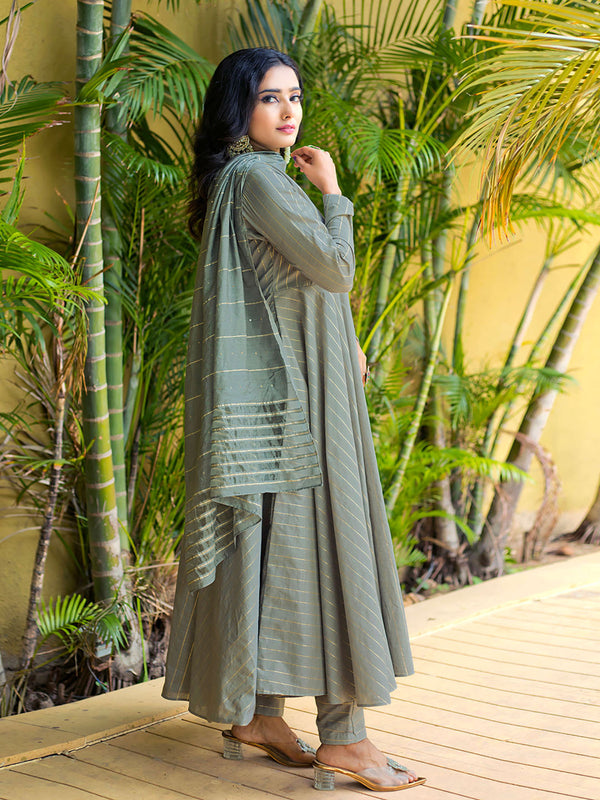 Grey Stripes Anarkali Kurta with Pant and Dupatta (Set of 3)
