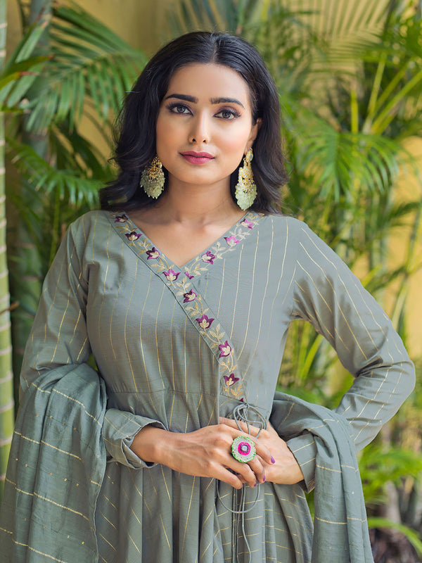 Grey Stripes Anarkali Kurta with Pant and Dupatta (Set of 3)