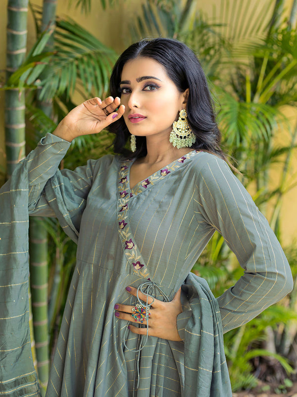 Grey Stripes Anarkali Kurta with Pant and Dupatta (Set of 3)