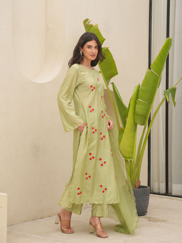 Pista Chanderi Floral Embroidered Kurta with Pant and Dupatta (Set of 3)