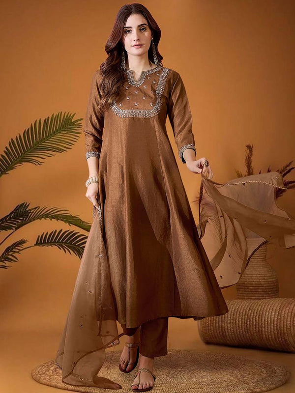 Women Brown Silk Embroidered Kurta with Pant and Dupatta (Set of 3)