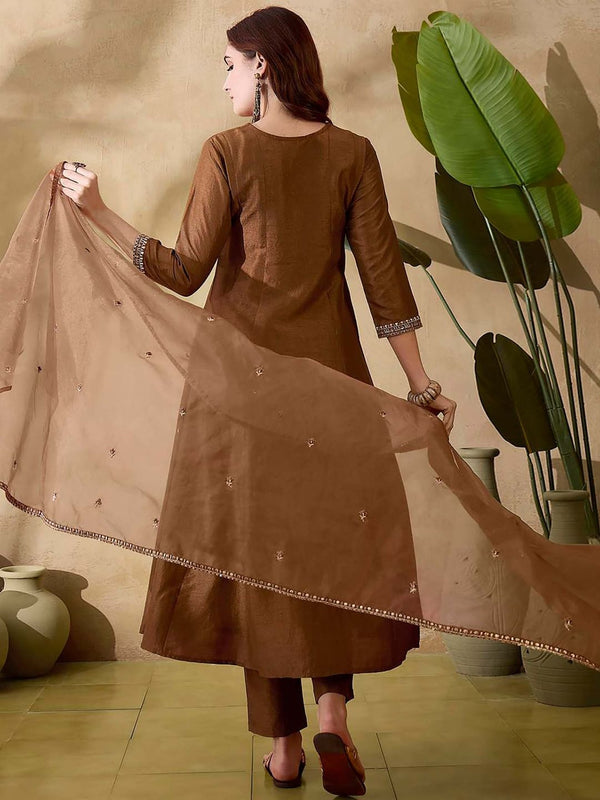Women Brown Silk Embroidered Kurta with Pant and Dupatta (Set of 3)