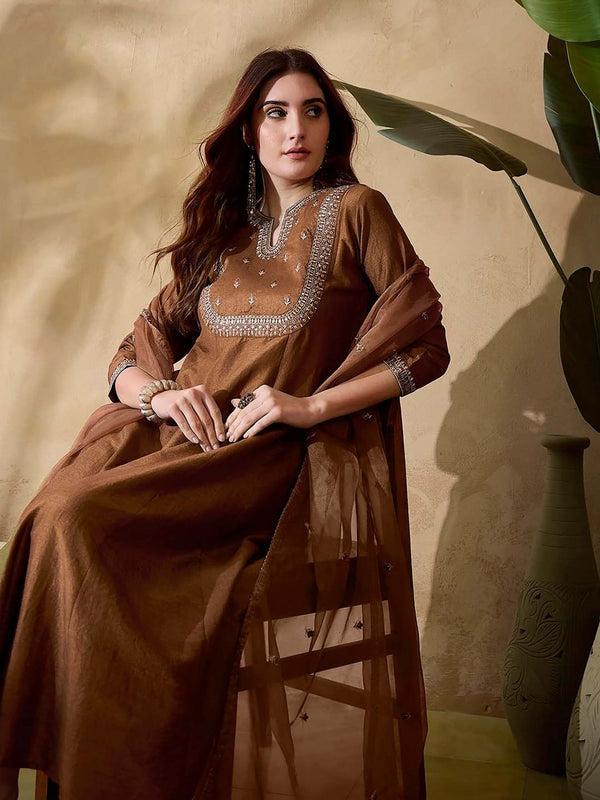 Women Brown Silk Embroidered Kurta with Pant and Dupatta (Set of 3)