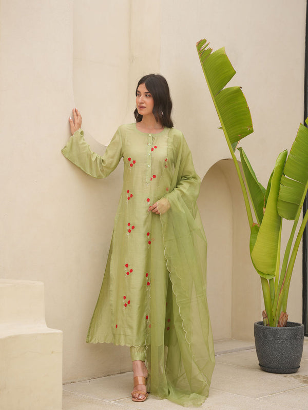 Pista Chanderi Floral Embroidered Kurta with Pant and Dupatta (Set of 3)