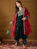 Floral Embroidered V-Neck Silk A-Line Kurta & Trousers With Dupatta