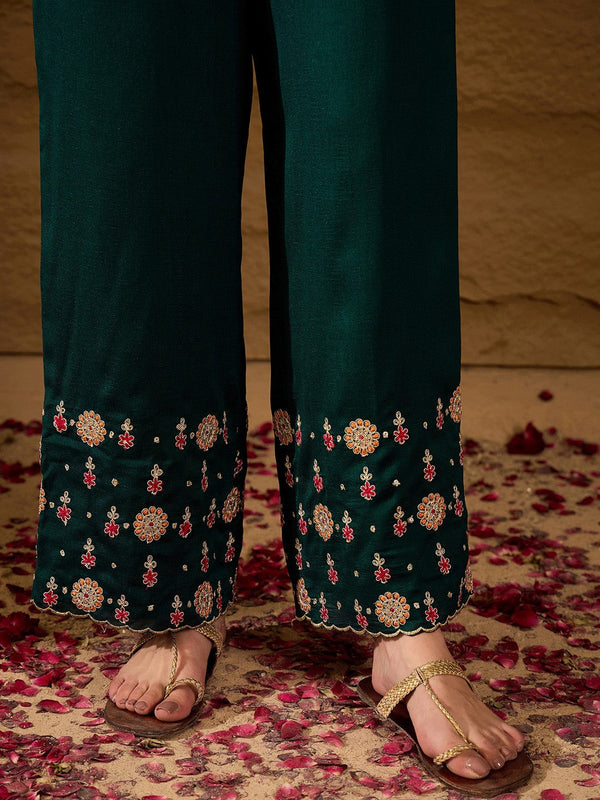 Floral Embroidered V-Neck Silk A-Line Kurta & Trousers With Dupatta