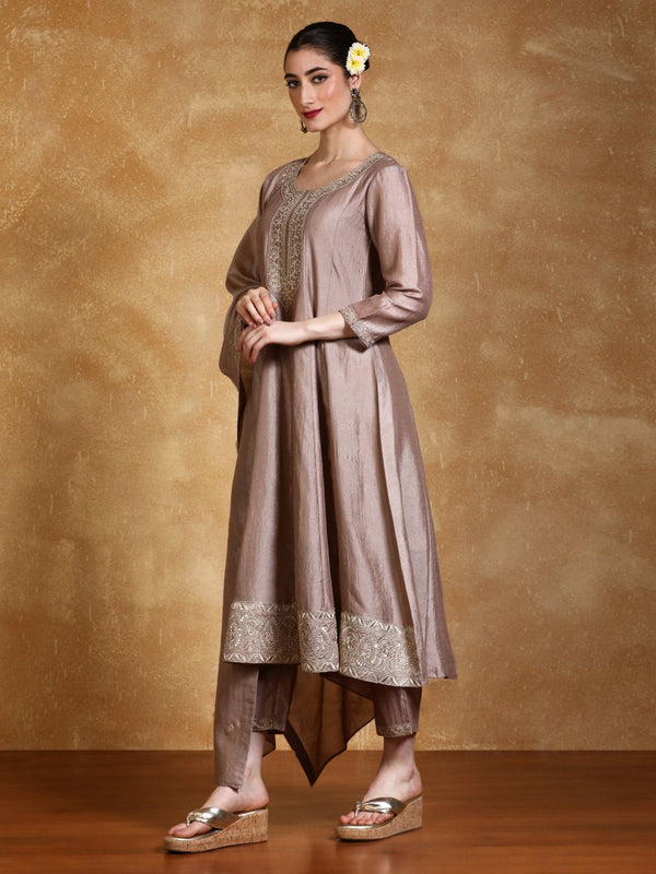 Taupe Zari Embroidered A-Line Kurta With Pant And Dupatta (Set of 3)