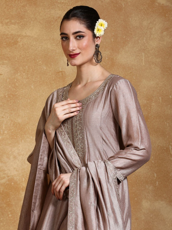 Taupe Zari Embroidered A-Line Kurta With Pant And Dupatta (Set of 3)