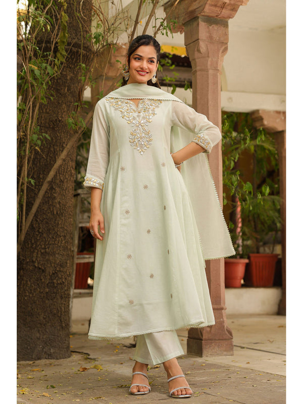 Pistagreen Mulmul Gota Patti and Zari Embroidered Anarkali Set(Set of 3)