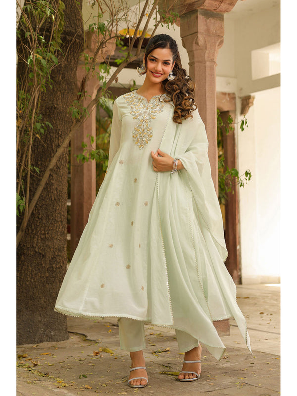 Pistagreen Mulmul Gota Patti and Zari Embroidered Anarkali Set(Set of 3)