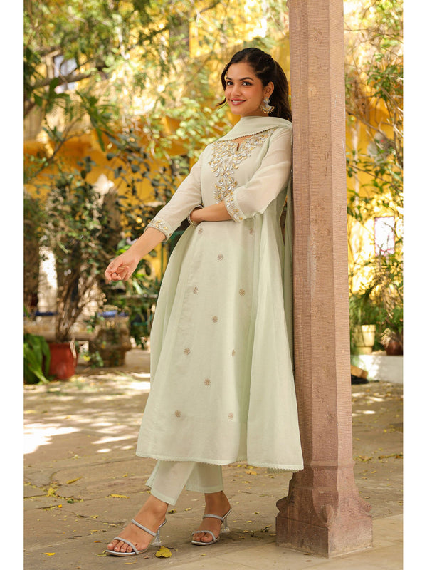 Pistagreen Mulmul Gota Patti and Zari Embroidered Anarkali Set(Set of 3)