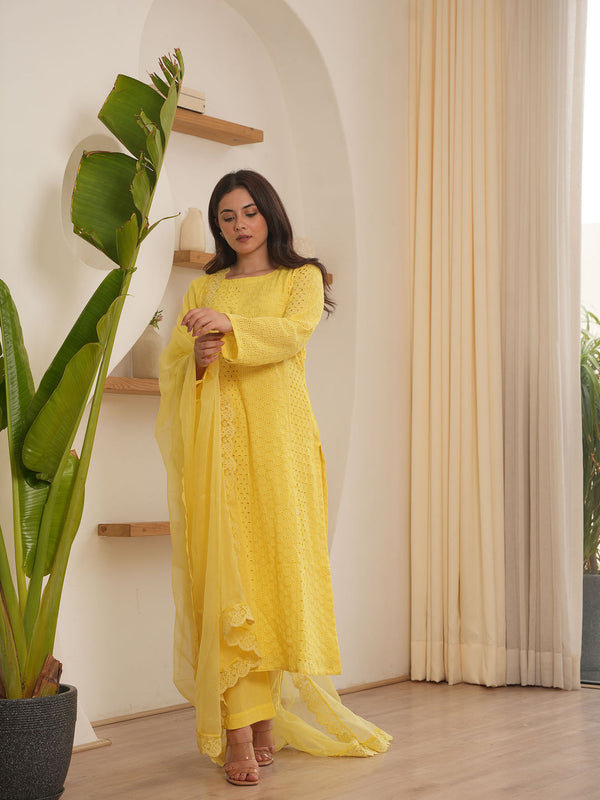 Josie Yellow Schiffli Straight Kurta with Pant and Dupatta (Set of 3)