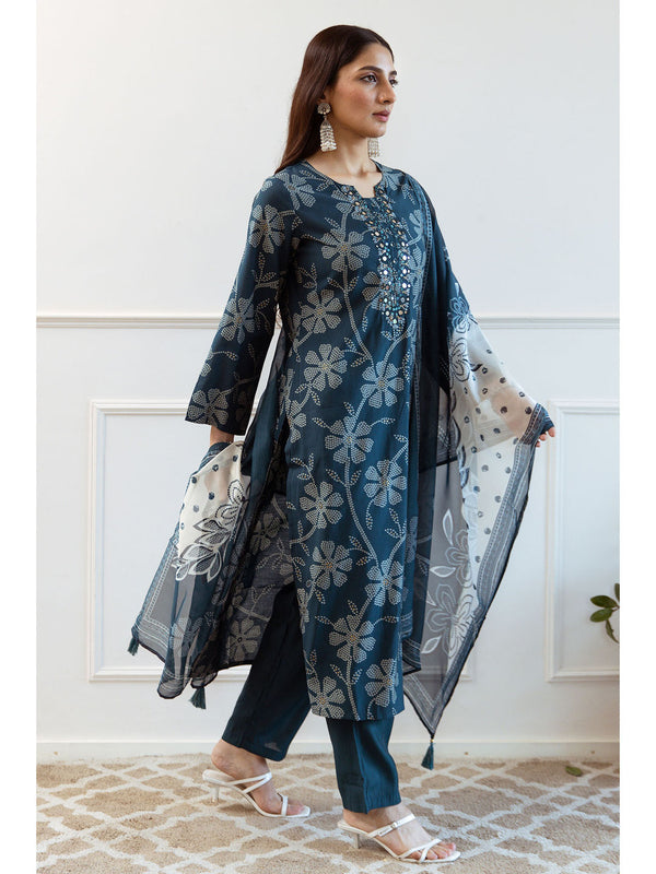 Teal Modal Floral Print Kurta with Pant and Dupatta (Set of 3)