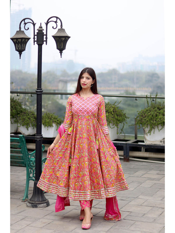Pink Floral Handworked Anarkali Pant with Dupatta (Set of 3)