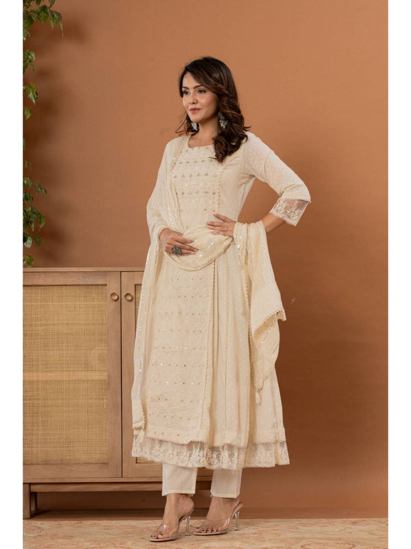 Off White Mirror Thread Work Anarkali Kurta with Pant & Dupatta (Set of 3)