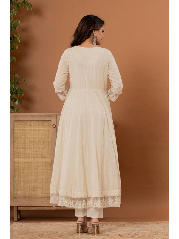 Off White Mirror Thread Work Anarkali Kurta with Pant & Dupatta (Set of 3)