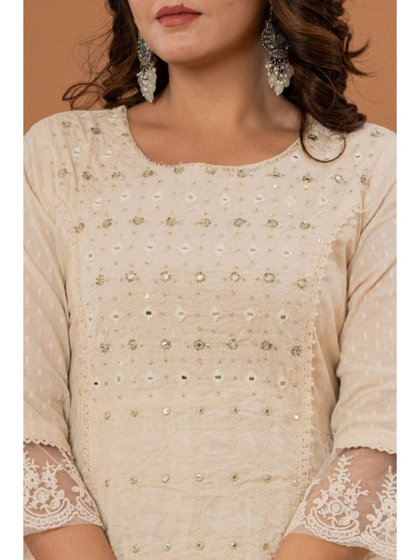 Off White Mirror Thread Work Anarkali Kurta with Pant & Dupatta (Set of 3)